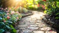 Tranquil garden path with colorful flowers and lush greenery, perfect for peaceful strolls Royalty Free Stock Photo