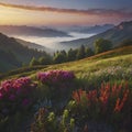 peaceful, Colorful morning mountain scenery. AI-Generated.