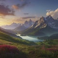 peaceful, Colorful morning mountain scenery. AI-Generated.