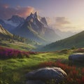 peaceful, Colorful morning mountain scenery. AI-Generated.