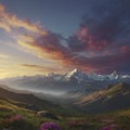 peaceful, Colorful morning mountain scenery. AI-Generated. Royalty Free Stock Photo