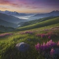 peaceful, Colorful morning mountain scenery. AI-Generated. Royalty Free Stock Photo