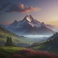 peaceful, Colorful morning mountain scenery. AI-Generated.