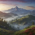 peaceful, Colorful morning mountain scenery. AI-Generated.