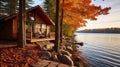 Peaceful cottage by the lake in autumn season Royalty Free Stock Photo