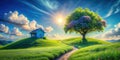 Peaceful cottage on a verdant hillside with a blooming tree and winding path under a bright sunny sky. Generative AI Royalty Free Stock Photo
