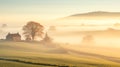 Peaceful countryside landscape of dreamy, misty morning in the rolling hills Royalty Free Stock Photo