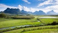 Peaceful countryside, a landscape of green nature and a river.