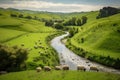 peaceful countryside landscape with rolling hills and farmland, dotted with grazing sheep and a winding river