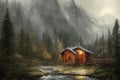 Peaceful Countryside in Mountain Forest with Cabin on a Rainy Day