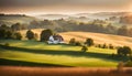 A peaceful countryside with rolling hills and a farmhouse