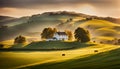 A peaceful countryside with rolling hills and a farmhouse