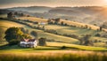 A peaceful countryside with rolling hills and a farmhouse