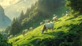 Peaceful countryside scene cows graze in serene valley with mountain backdrop. Generated AI