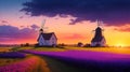 A peaceful countryside scene with a farmhouse and windmill silhouette under a vibrant sky