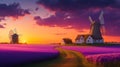 A peaceful countryside scene with a farmhouse and windmill silhouette under a vibrant sky