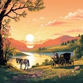 Peaceful countryside scene with a horse-drawn carriage at sunset Royalty Free Stock Photo