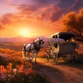 Peaceful countryside scene with a horse-drawn carriage at sunset