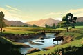 Peaceful Countryside Scene With Meandering River, Quaint Wooden Bridge, And Grazing Cattle