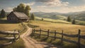 A peaceful countryside scene with rolling hills and a rustic wooden