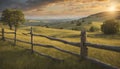 A peaceful countryside scene with rolling hills and a rustic wooden