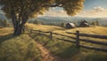 A peaceful countryside scene with rolling hills and a rustic wooden