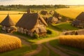 A peaceful countryside village with thatched-roof houses and fields of golden wheat generated by Ai