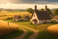 A peaceful countryside village with thatched-roof houses and fields of golden wheat generated by Ai