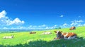 Anime Style Cows Grazing on Green Hill Under Blue Sky with Clouds Royalty Free Stock Photo
