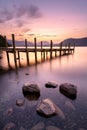 Peaceful Dawn Sky With Wooden Jetty At Derwentwater In The Lake District. Royalty Free Stock Photo