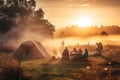 A peaceful, early morning family camping scene, showcasing a family enjoying breakfast together at their campsite, as the sun