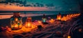 Peaceful evening on the beach with fairy lights and decorative candles Generative AI