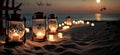 Peaceful evening on the beach with fairy lights and decorative candles Generative AI