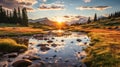 Peaceful evening landscape of calming sunset over a wildflower meadow with river Royalty Free Stock Photo