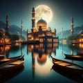 Peaceful evening scene with full moon and Mosque Royalty Free Stock Photo