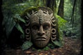 peaceful face of indian god stone tiki mask on ground in forest