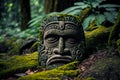 peaceful face of indian god stone tiki mask on ground in forest