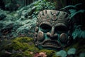 peaceful face of indian god stone tiki mask on ground in forest