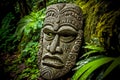 Peaceful face of Indian god stone tiki mask on ground in forest
