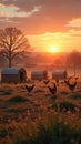 Peaceful farm sunrise with chickens roaming in morning light Royalty Free Stock Photo