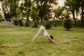 peaceful, fit woman stand in the downward-facing dog pose and do yoga at sunset in park in summer, concept of meditation Royalty Free Stock Photo