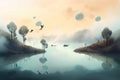peaceful float in surreal landscape with mist and birds flying by