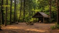 A peaceful forest clearing with a quaint wooden log shelter for weary travelers to rest and recharge before continuing