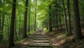 Peaceful forest path with stone steps through lush woods Royalty Free Stock Photo