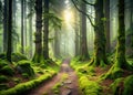 Peaceful forest pathway bathed in diffused sunlight with vibrant greenery and moss wallpaper background Royalty Free Stock Photo