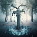 A peaceful forest scene with a blurred background, featuring a two dripping faucets on a tree Royalty Free Stock Photo