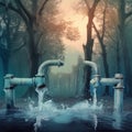 A peaceful forest scene with a blurred background, with two dripping faucets Royalty Free Stock Photo