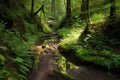 peaceful forest trail with lush greenery and trickling stream Royalty Free Stock Photo