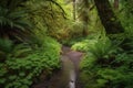 peaceful forest trail with lush greenery and trickling stream Royalty Free Stock Photo