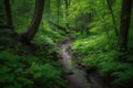 peaceful forest trail with lush greenery and trickling stream